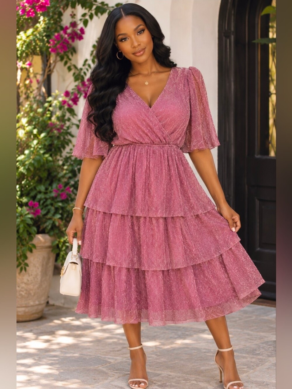 NEW!! Easel Women's Sparkle Tiered Layered Midi Dress in Dusty Rose, NWT